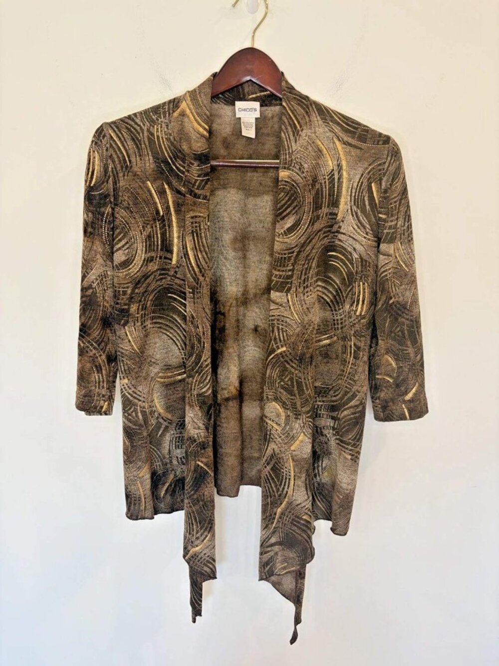 VTG Chicos Open Front Cardigan Sweater Sz 1/US M Brown Gold Metallic Made in USA